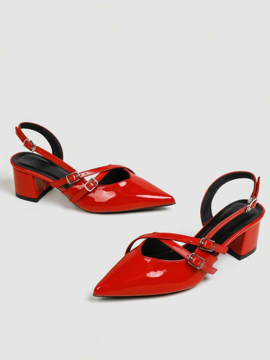 Women's Pointed Toe Slingback Mid Heel Pumps, Glossy Faux Leather Buckle Strap Kitten Heels for Work