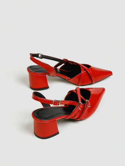 Women's Pointed Toe Slingback Mid Heel Pumps, Glossy Faux Leather Buckle Strap Kitten Heels for Work