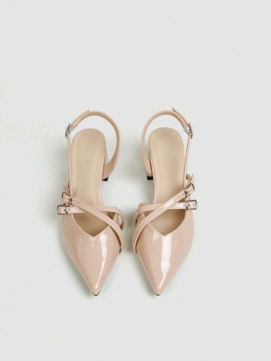 Women's Pointed Toe Slingback Mid Heel Pumps, Glossy Faux Leather Buckle Strap Kitten Heels for Work