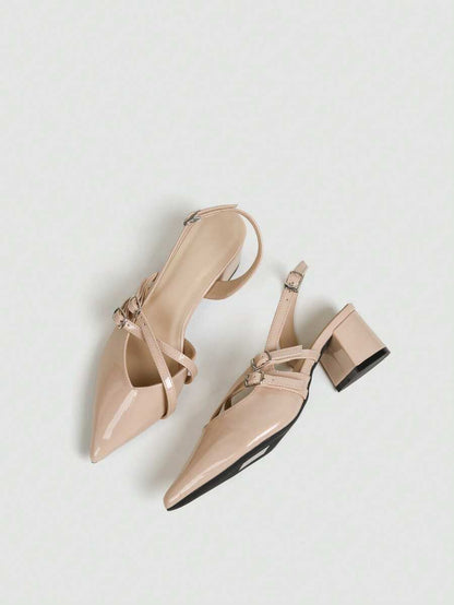 Women's Pointed Toe Slingback Mid Heel Pumps, Glossy Faux Leather Buckle Strap Kitten Heels for Work