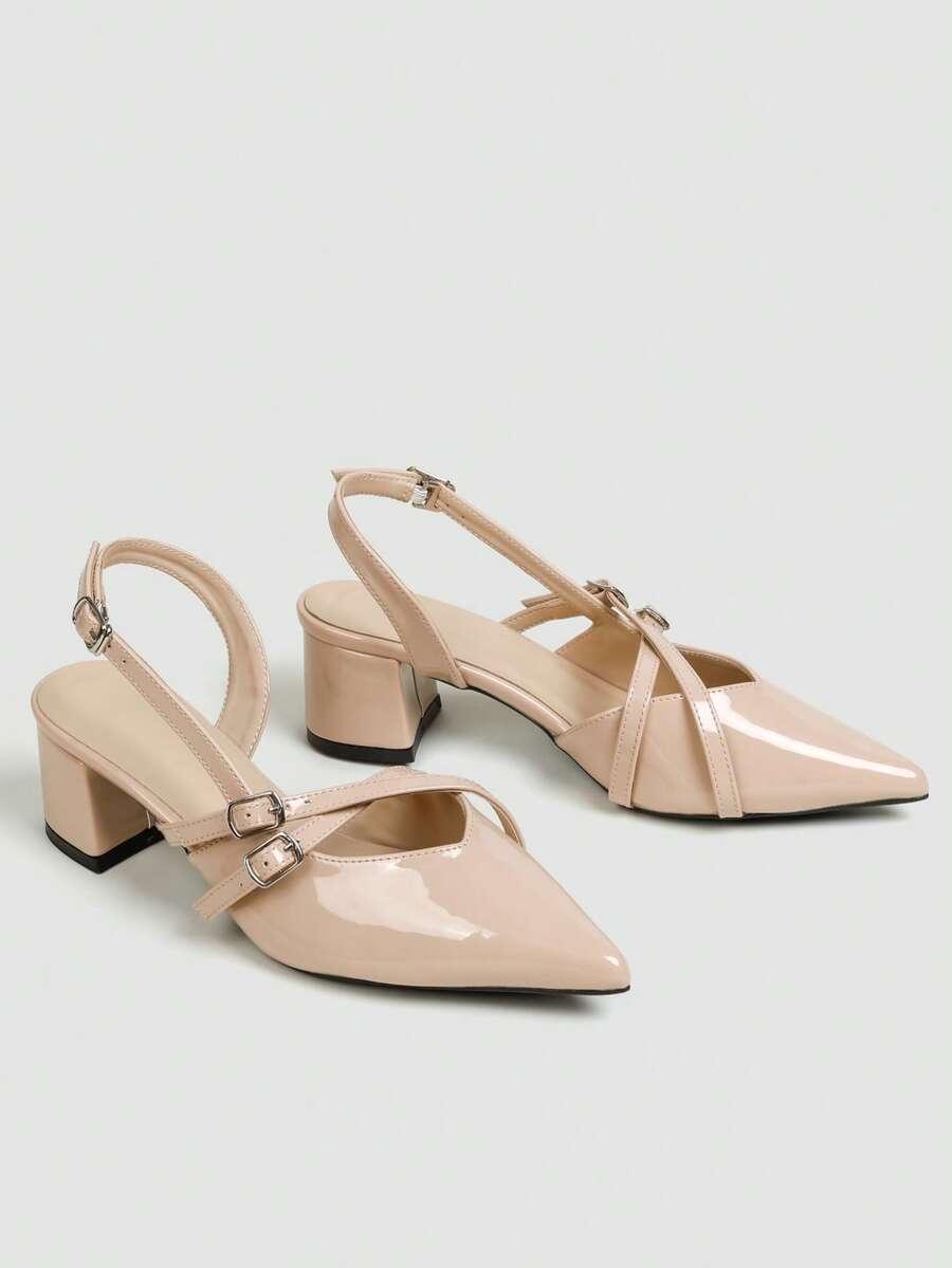 Women's Pointed Toe Slingback Mid Heel Pumps, Glossy Faux Leather Buckle Strap Kitten Heels for Work
