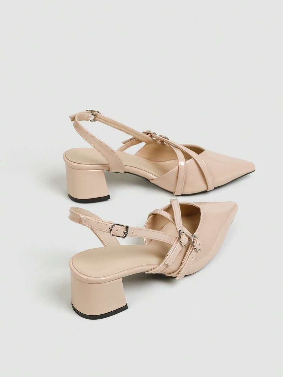 Women's Pointed Toe Slingback Mid Heel Pumps, Glossy Faux Leather Buckle Strap Kitten Heels for Work
