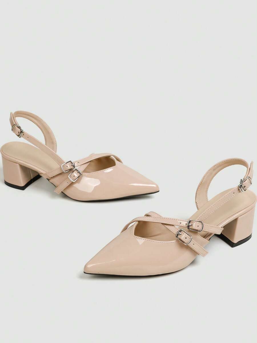 Women's Pointed Toe Slingback Mid Heel Pumps, Glossy Faux Leather Buckle Strap Kitten Heels for Work