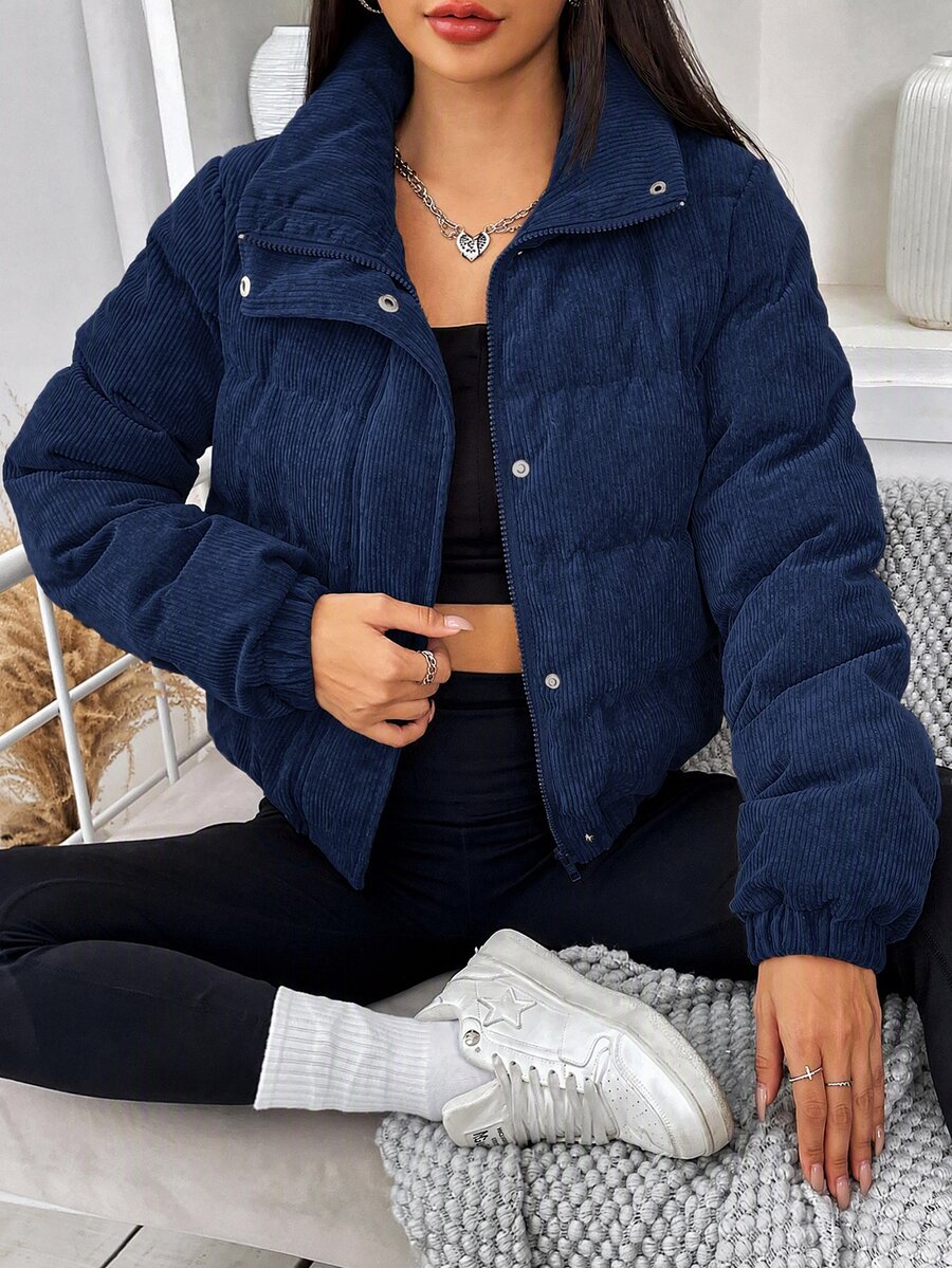 Glasgow Cropped Quilted Puffer Jacket with Funnel Neck - Navy Blue