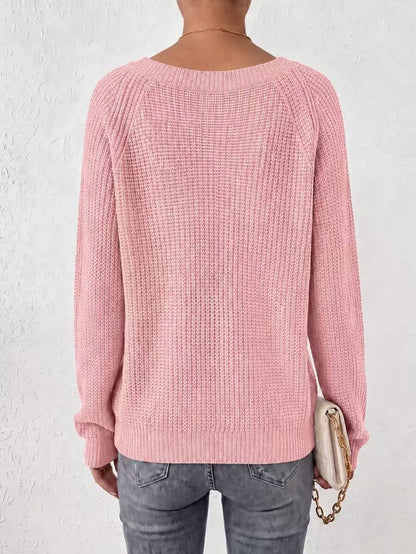 Aarhus V Neck Raglan Sleeve Ribbed Knit Sweater