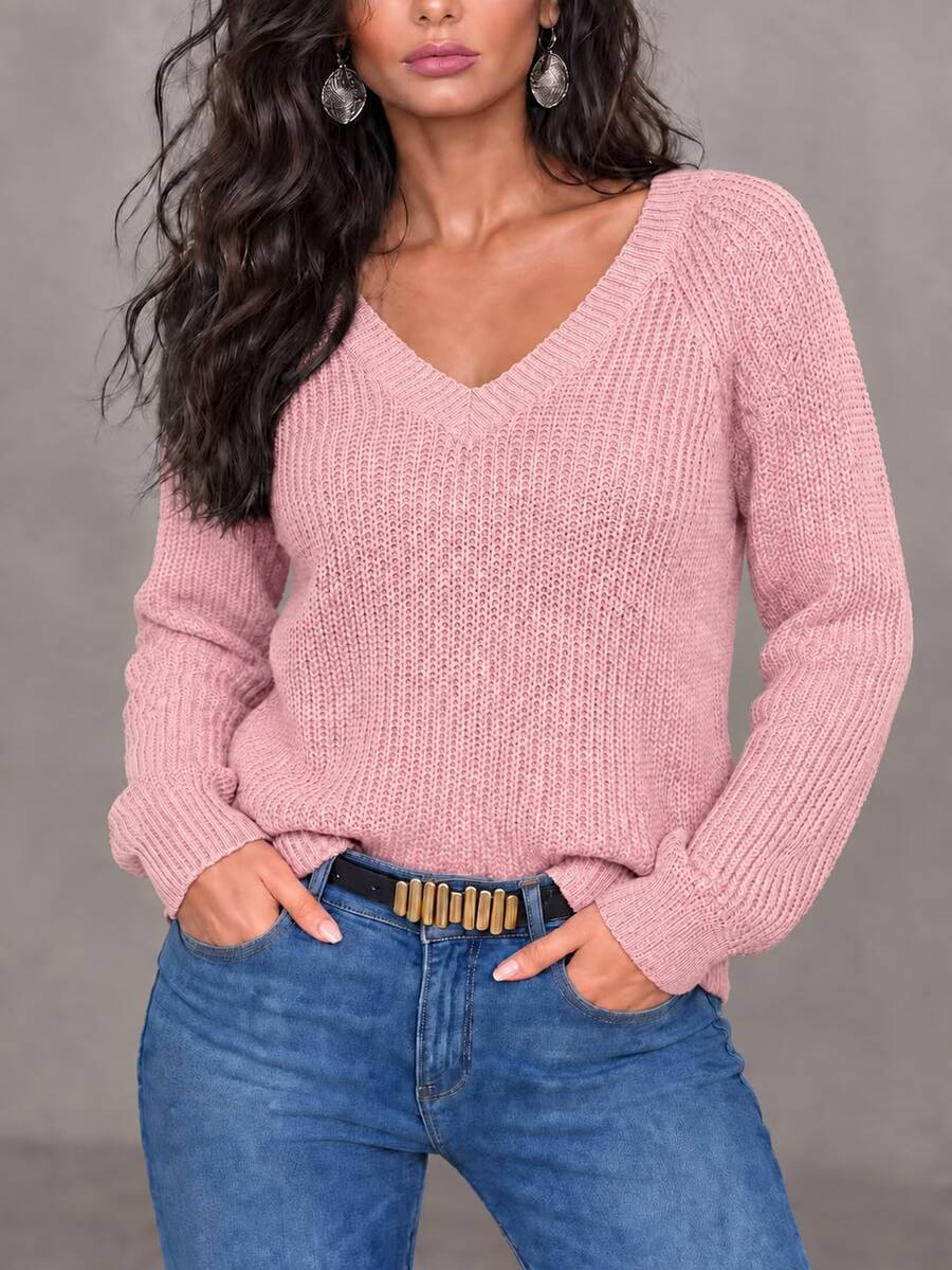 Aarhus V Neck Raglan Sleeve Ribbed Knit Sweater