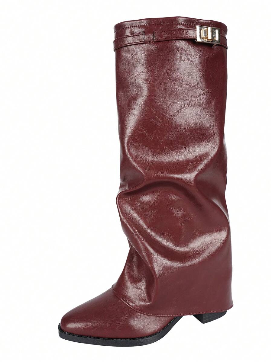 Spello Fold Over Knee High Boots with Pointed Toe – Women's Pleated Faux Leather Slouch Dress Boots with Block Heel Mensa