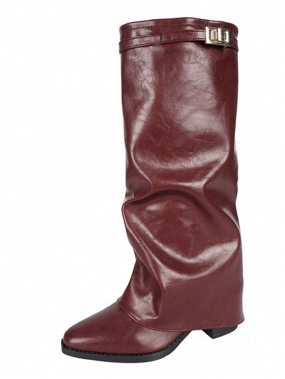 Spello Fold Over Knee High Boots with Pointed Toe – Women's Pleated Faux Leather Slouch Dress Boots with Block Heel Mensa