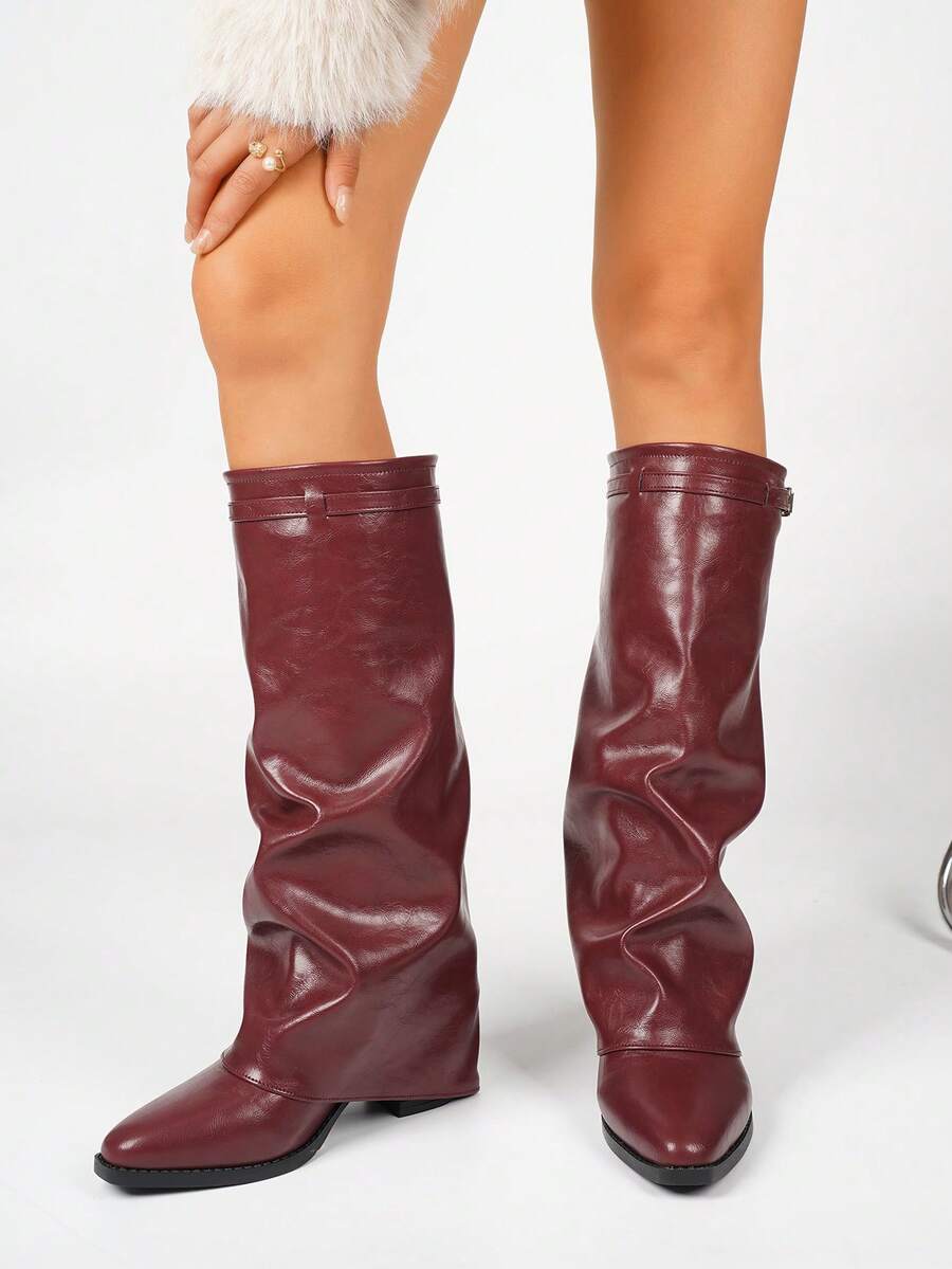 Spello Fold Over Knee High Boots with Pointed Toe – Women's Pleated Faux Leather Slouch Dress Boots with Block Heel Mensa