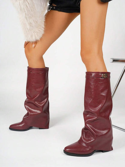 Spello Fold Over Knee High Boots with Pointed Toe – Women's Pleated Faux Leather Slouch Dress Boots with Block Heel Mensa