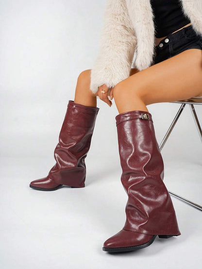 Spello Fold Over Knee High Boots with Pointed Toe – Women's Pleated Faux Leather Slouch Dress Boots with Block Heel Mensa