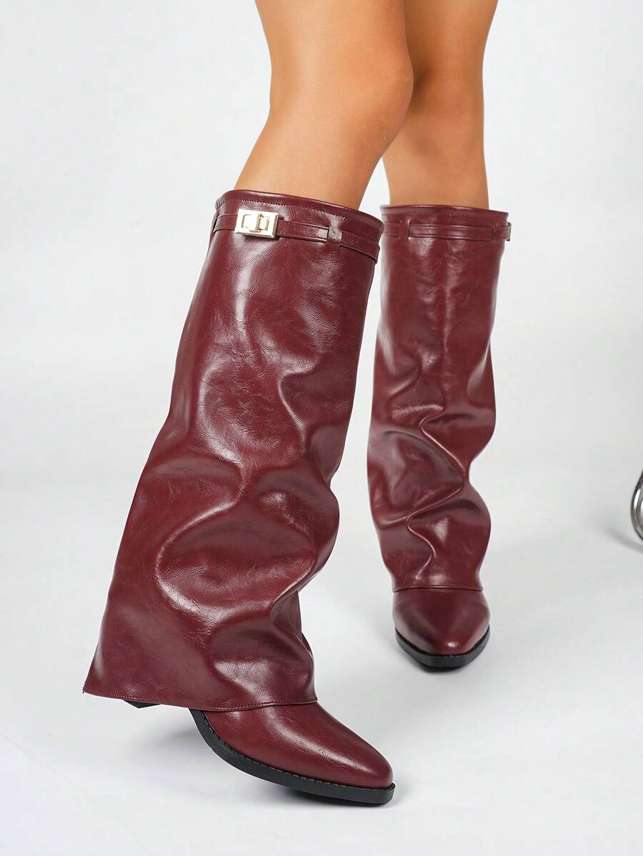 Spello Fold Over Knee High Boots with Pointed Toe – Women's Pleated Faux Leather Slouch Dress Boots with Block Heel Mensa
