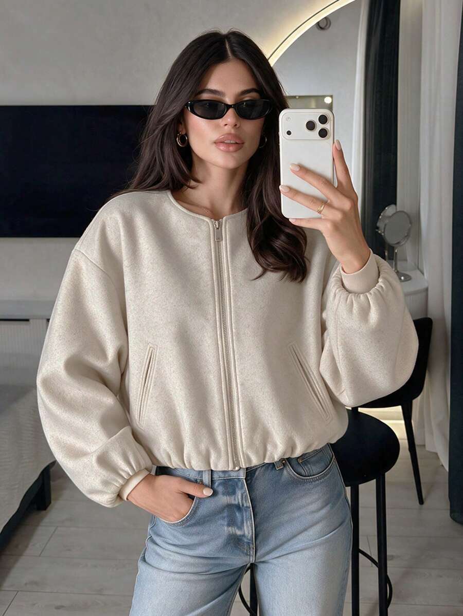 Lillehammer Wool Look Zip Up Cropped Bomber Jacket