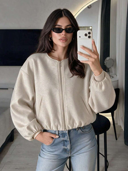 Lillehammer Wool Look Zip Up Cropped Bomber Jacket