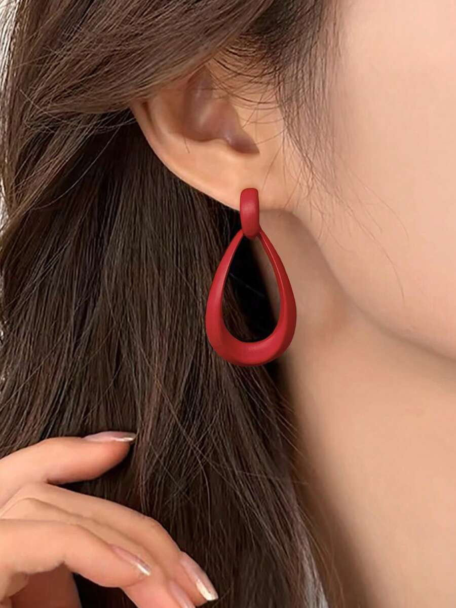 Women's Teardrop Drop Earrings Gold, Geometric Open Statement Earrings 1.7 Inch for Everyday and Vacation - Red