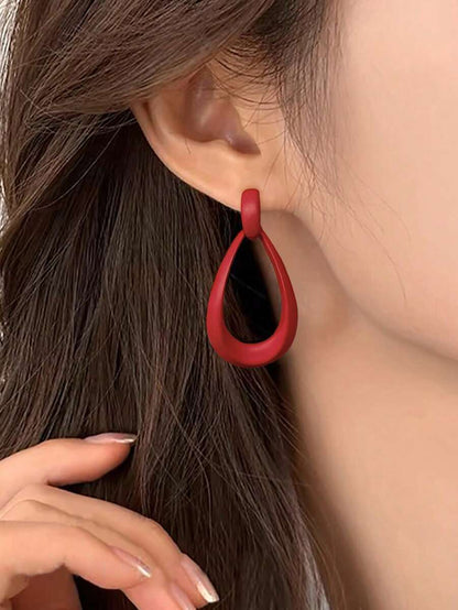Women's Teardrop Drop Earrings Gold, Geometric Open Statement Earrings 1.7 Inch for Everyday and Vacation - Red
