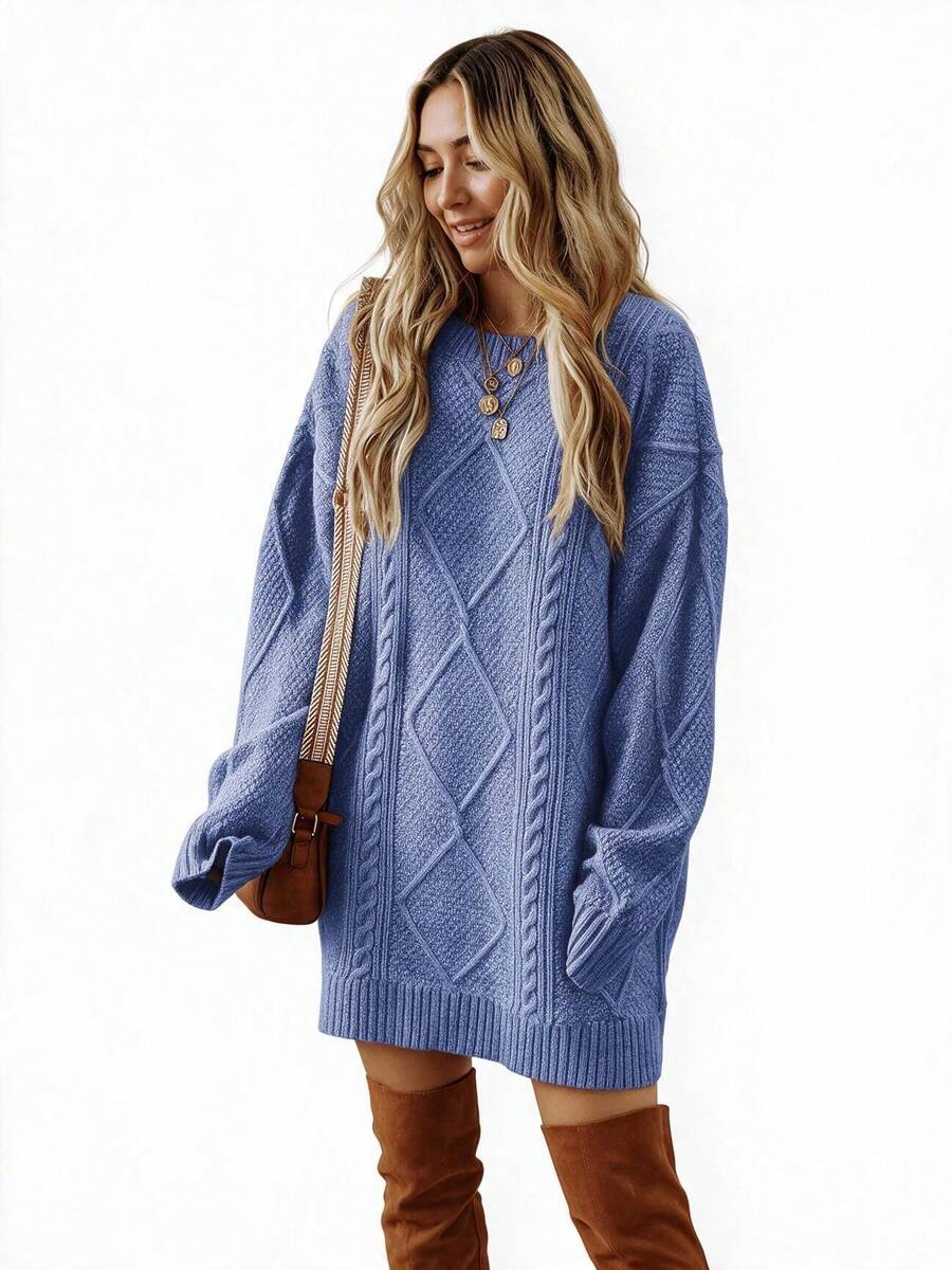 Cosima Oversized Textured Knit Drop Shoulder Sweater Dress - Apricot