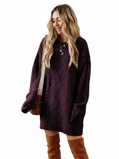 Cosima Oversized Textured Knit Drop Shoulder Sweater Dress - Burgundy