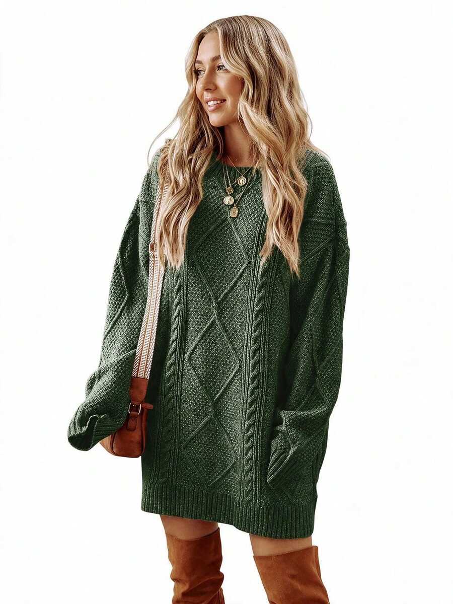 Cosima Oversized Textured Knit Drop Shoulder Sweater Dress - Olive Green