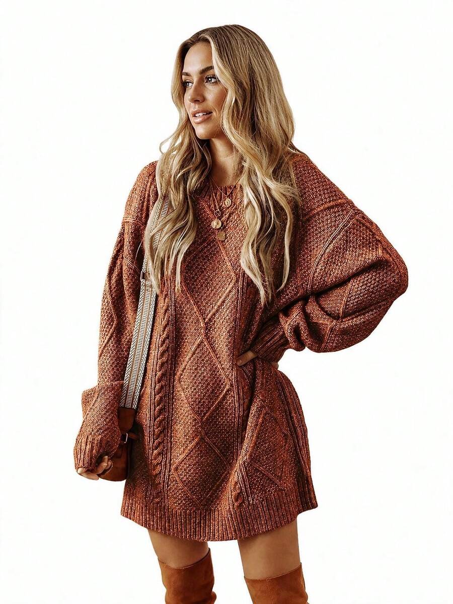 Cosima Oversized Textured Knit Drop Shoulder Sweater Dress - Brown