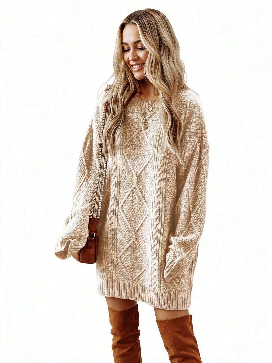 Cosima Oversized Textured Knit Drop Shoulder Sweater Dress - Apricot