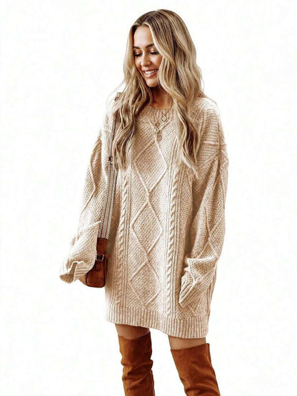 Cosima Oversized Textured Knit Drop Shoulder Sweater Dress - Apricot