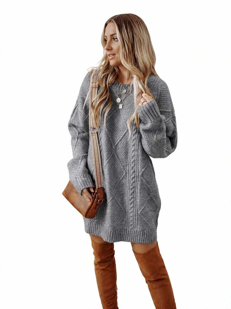 Cosima Oversized Textured Knit Drop Shoulder Sweater Dress - Apricot