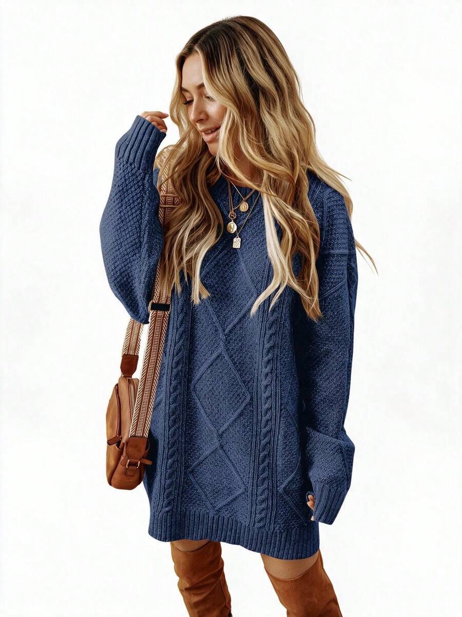 Cosima Oversized Textured Knit Drop Shoulder Sweater Dress - Apricot