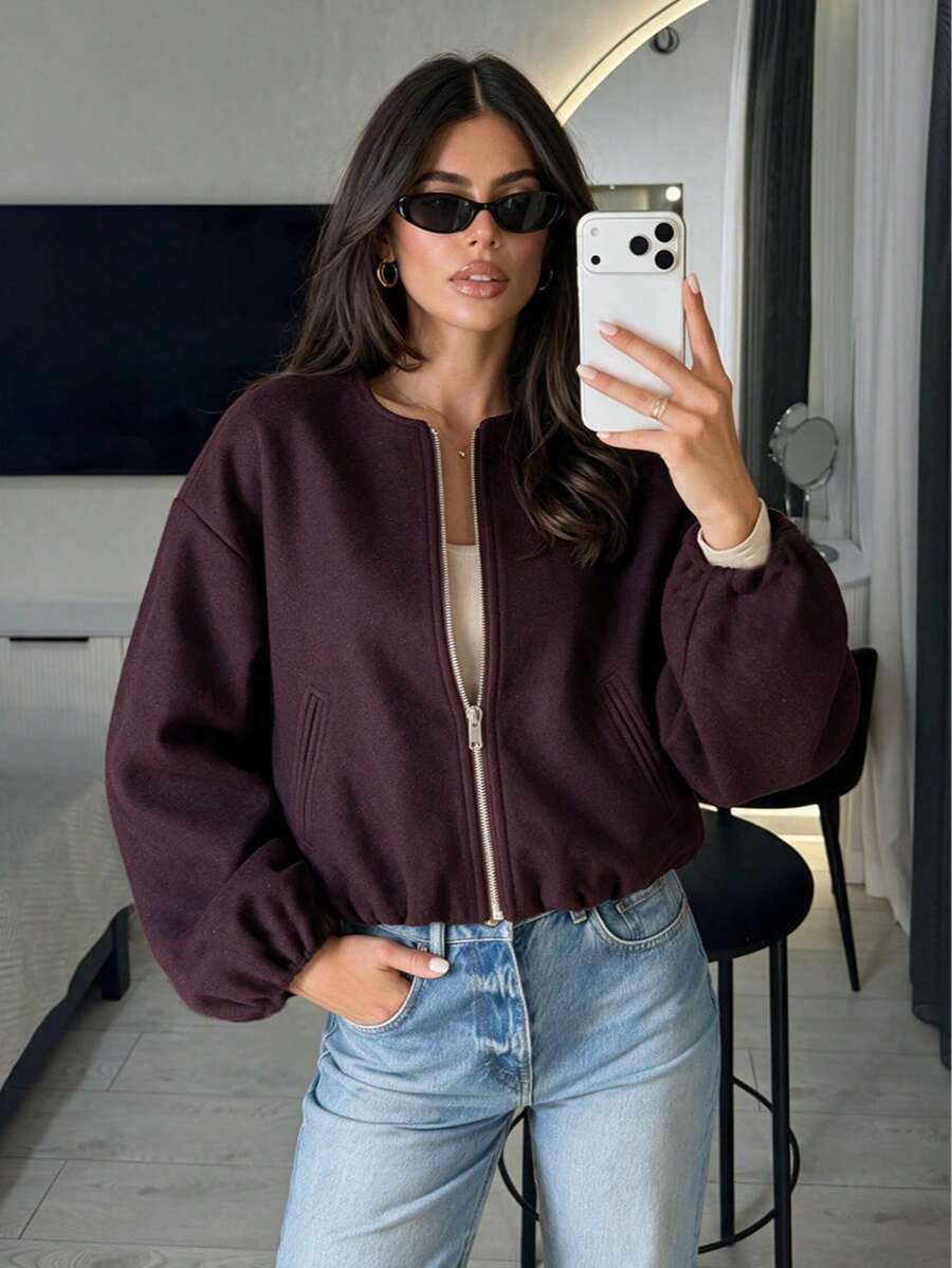 Lillehammer Wool Look Zip Up Cropped Bomber Jacket