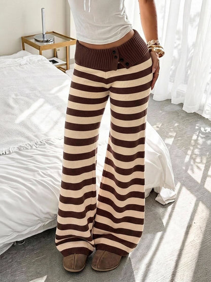 Rosalba Ribbed Knit Fold-Over Waist Flare Pants - Multicolor