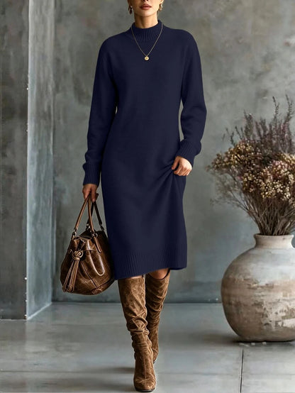 Budapest Mock Neck Raglan Sleeve Knit Midi Sweater Dress - Navy Blue
