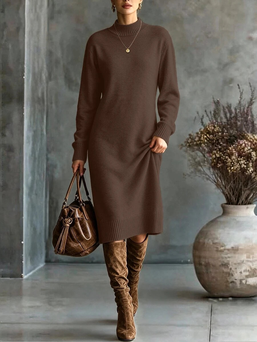 Budapest Mock Neck Raglan Sleeve Knit Midi Sweater Dress - Coffee Brown