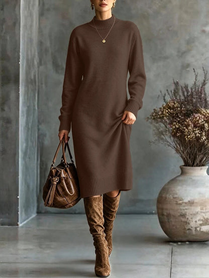 Severine Stand Collar Midi Sweater Dress with Side Split - Dark Grey