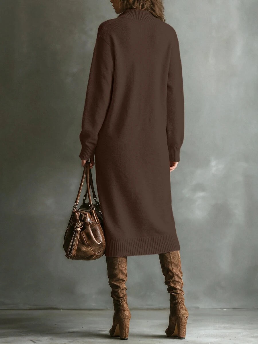 Severine Stand Collar Midi Sweater Dress with Side Split - Coffee Brown