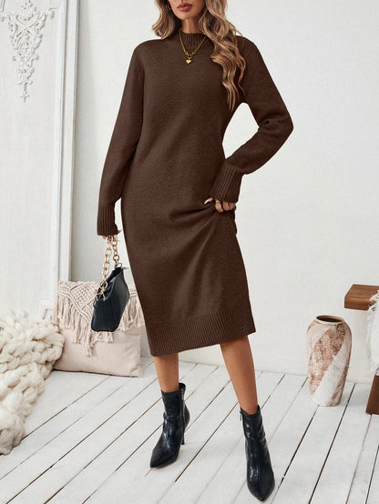Severine Stand Collar Midi Sweater Dress with Side Split - Khaki