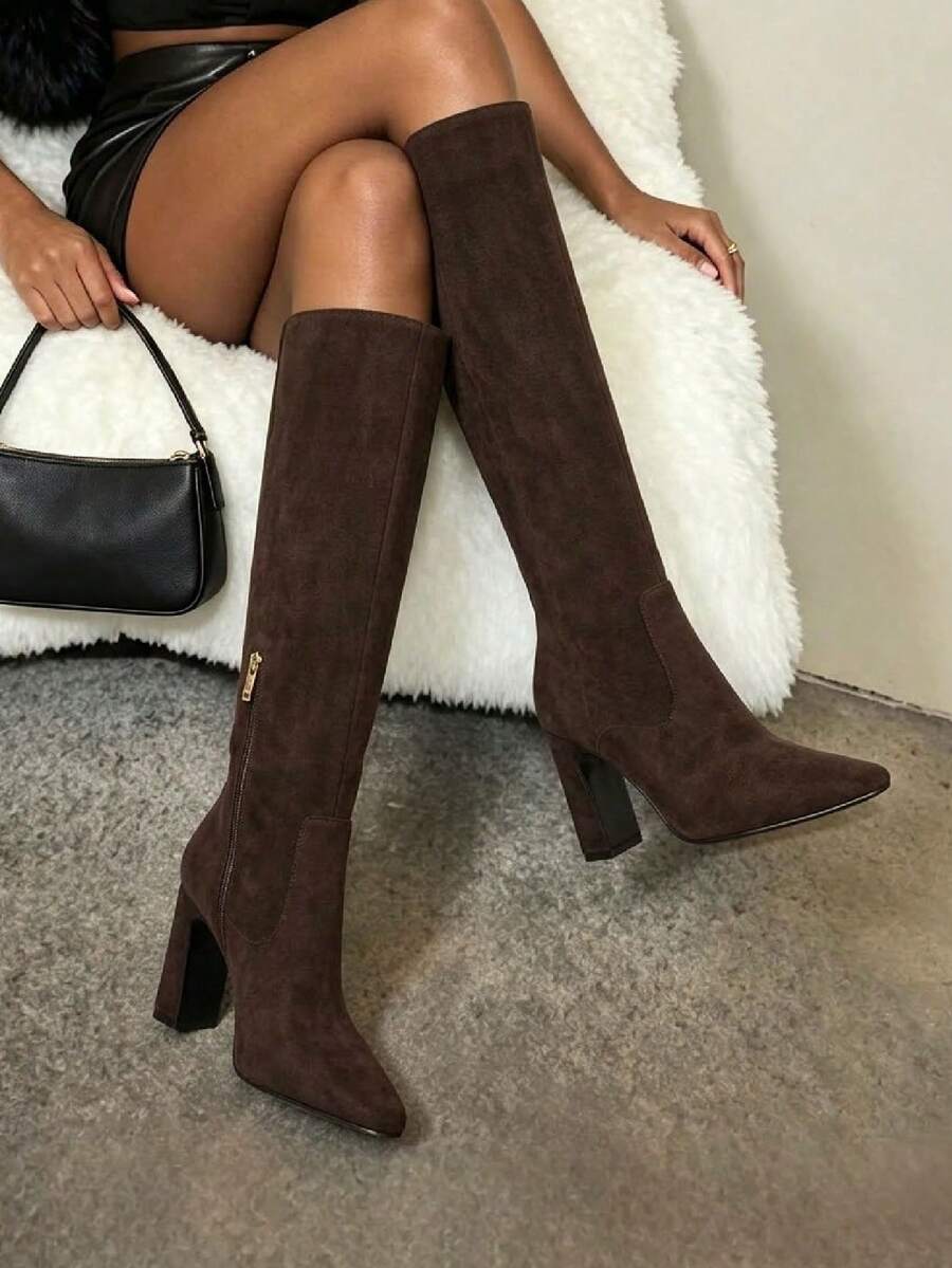 Women's Solid Knee High Boots Fashion Square Toe Block Chunky High Heels Side Zipper Party Dress Sexy Fall Boots Woman Mensa