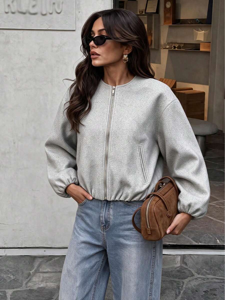Lillehammer Wool Look Zip Up Cropped Bomber Jacket