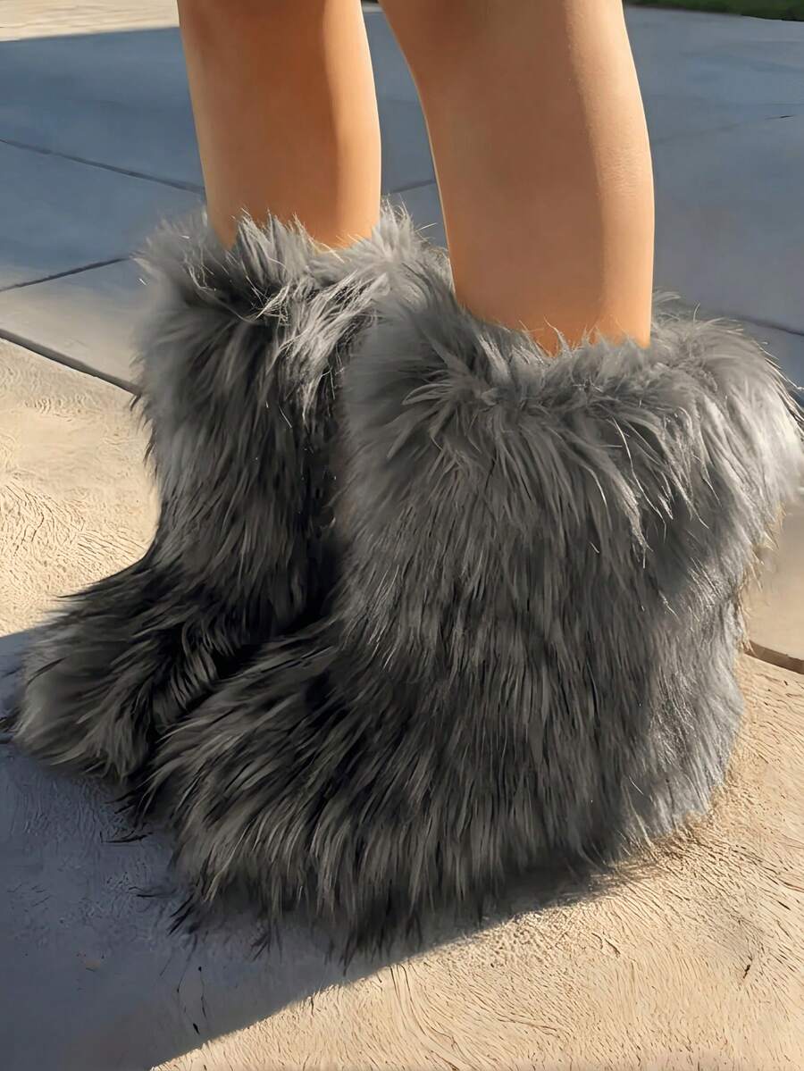 Women's Winter Furry Snow Boots Fuzzy Fluffy Round Toe Suede Booties Flat Heel Slip On Outdoor Indoor Shoes Fashion Warm Fluffy Shoes Mensa