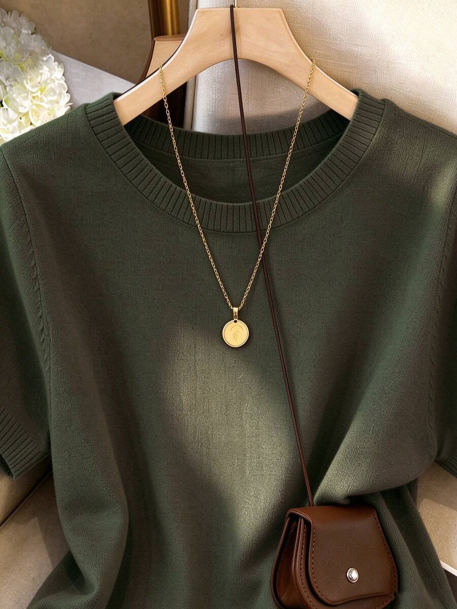 Women's Fine Knit Short Sleeve Top, Crew Neck Sweater Tee for Work and Layering - Coffee Brown