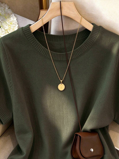 Women's Fine Knit Short Sleeve Top, Crew Neck Sweater Tee for Work and Layering - Coffee Brown