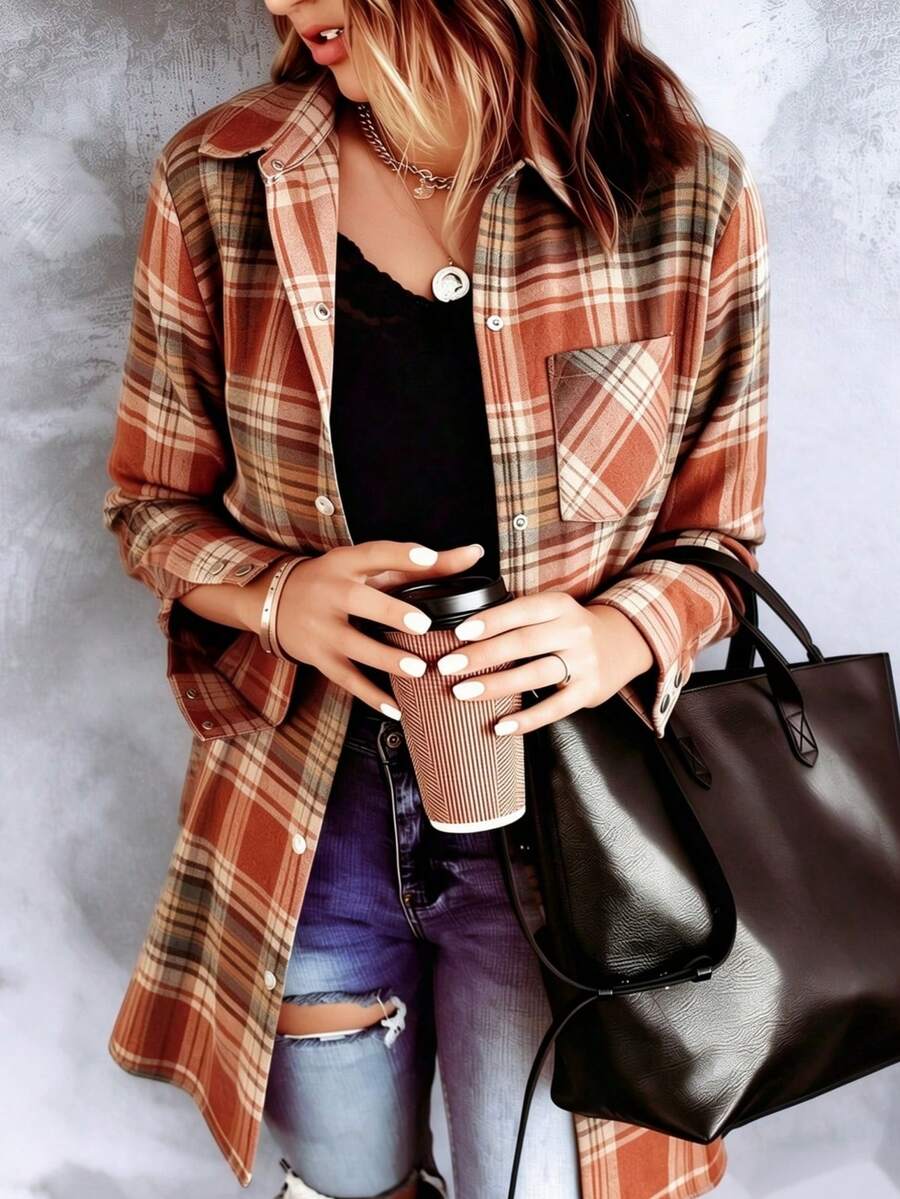 Sherwood Flannel Plaid Button Up Shirt Jacket with Pockets - Burnt Orange