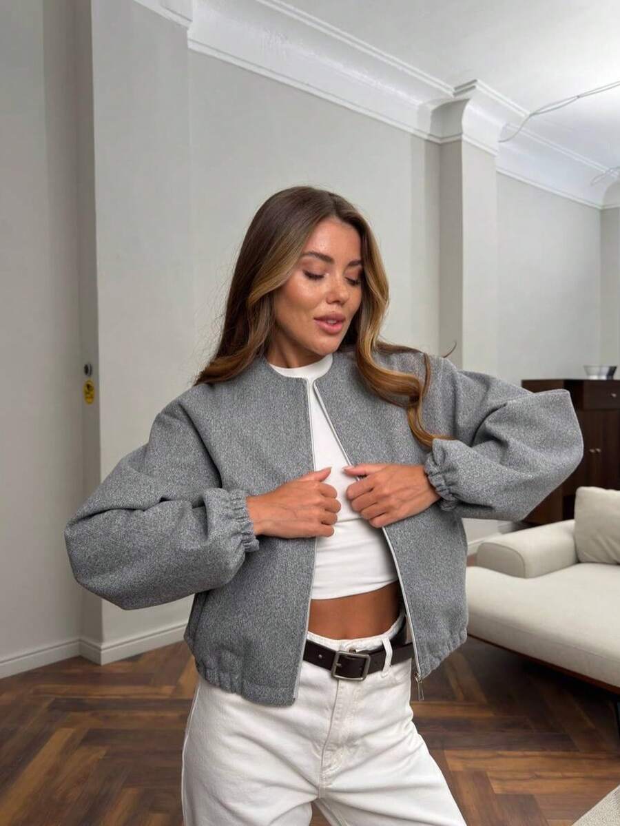 Lillehammer Wool Look Zip Up Cropped Bomber Jacket