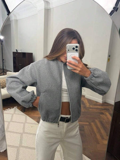 Lillehammer Wool Look Zip Up Cropped Bomber Jacket