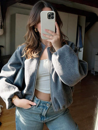 Lillehammer Wool Look Zip Up Cropped Bomber Jacket