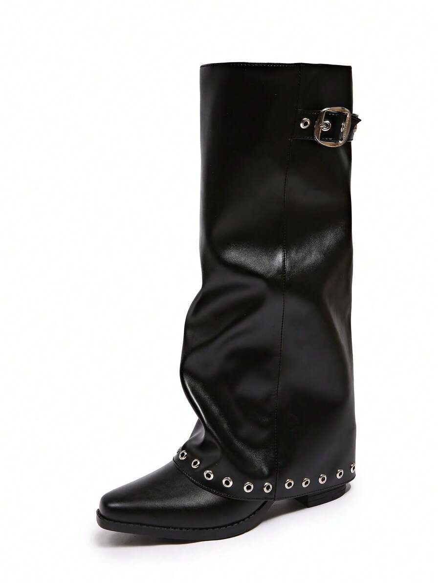 Spello Fold Over Knee High Boots with Pointed Toe – Women's Pleated Faux Leather Slouch Dress Boots with Block Heel Mensa