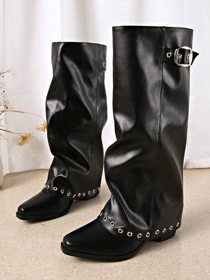 Spello Fold Over Knee High Boots with Pointed Toe – Women's Pleated Faux Leather Slouch Dress Boots with Block Heel Mensa