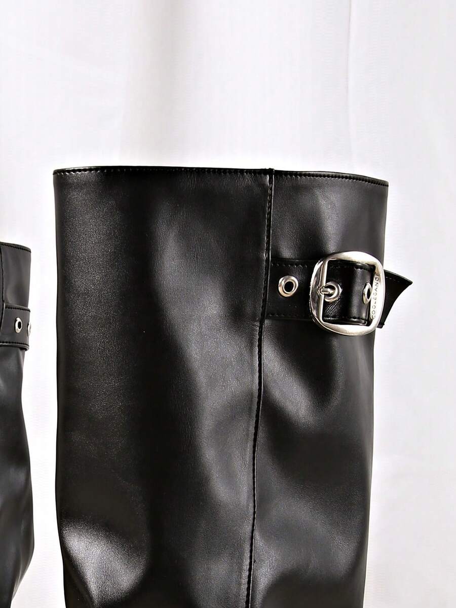 Spello Fold Over Knee High Boots with Pointed Toe – Women's Pleated Faux Leather Slouch Dress Boots with Block Heel Mensa