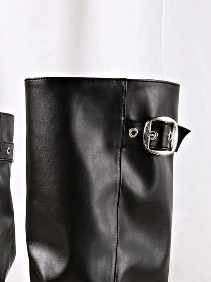 Spello Fold Over Knee High Boots with Pointed Toe – Women's Pleated Faux Leather Slouch Dress Boots with Block Heel Mensa