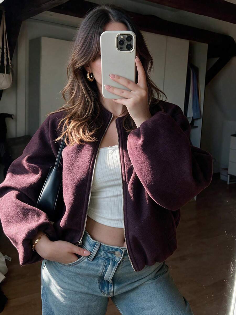 Lillehammer Wool Look Zip Up Cropped Bomber Jacket - Burgundy