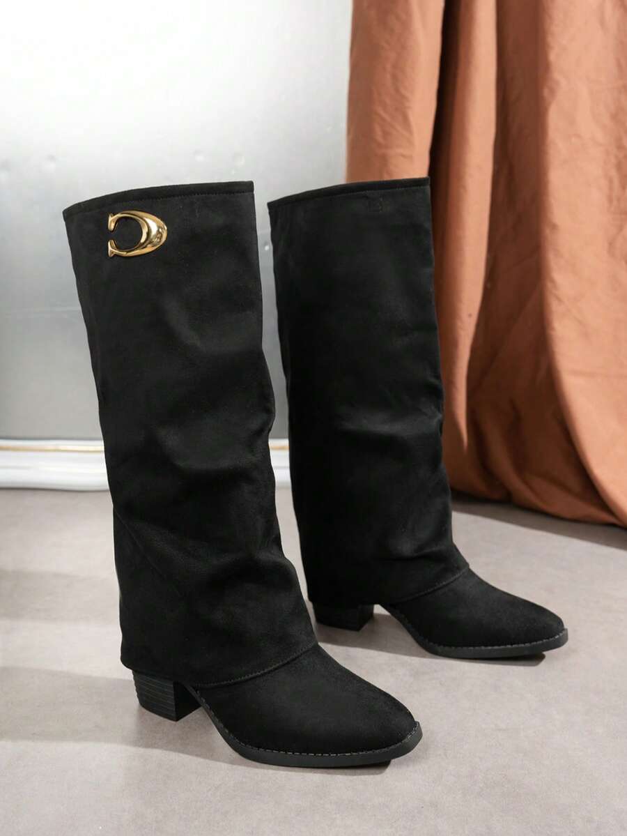 Spello Fold Over Knee High Boots with Pointed Toe – Women's Pleated Faux Leather Slouch Dress Boots with Block Heel Mensa